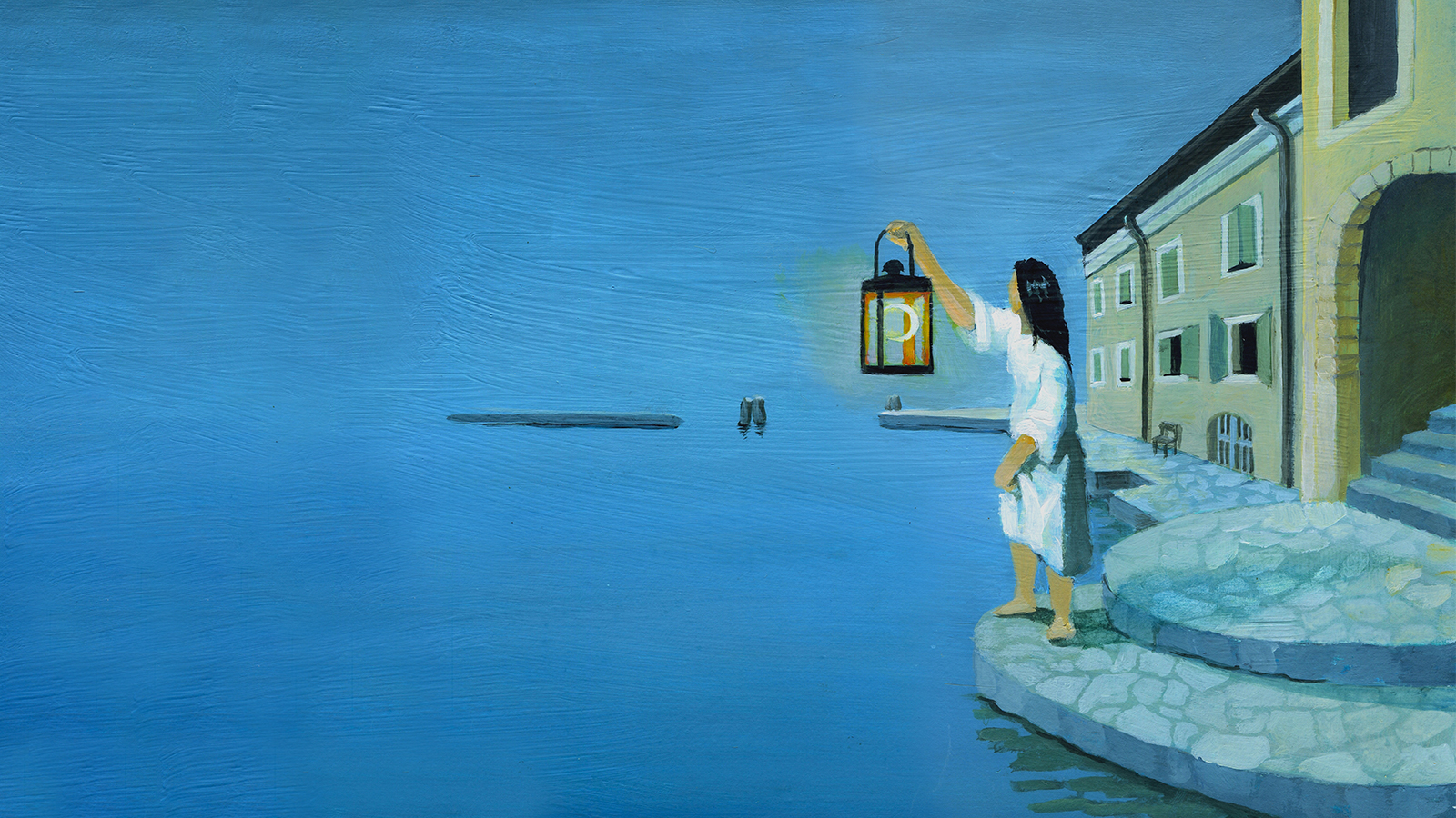 Woman crossing water with a lantern