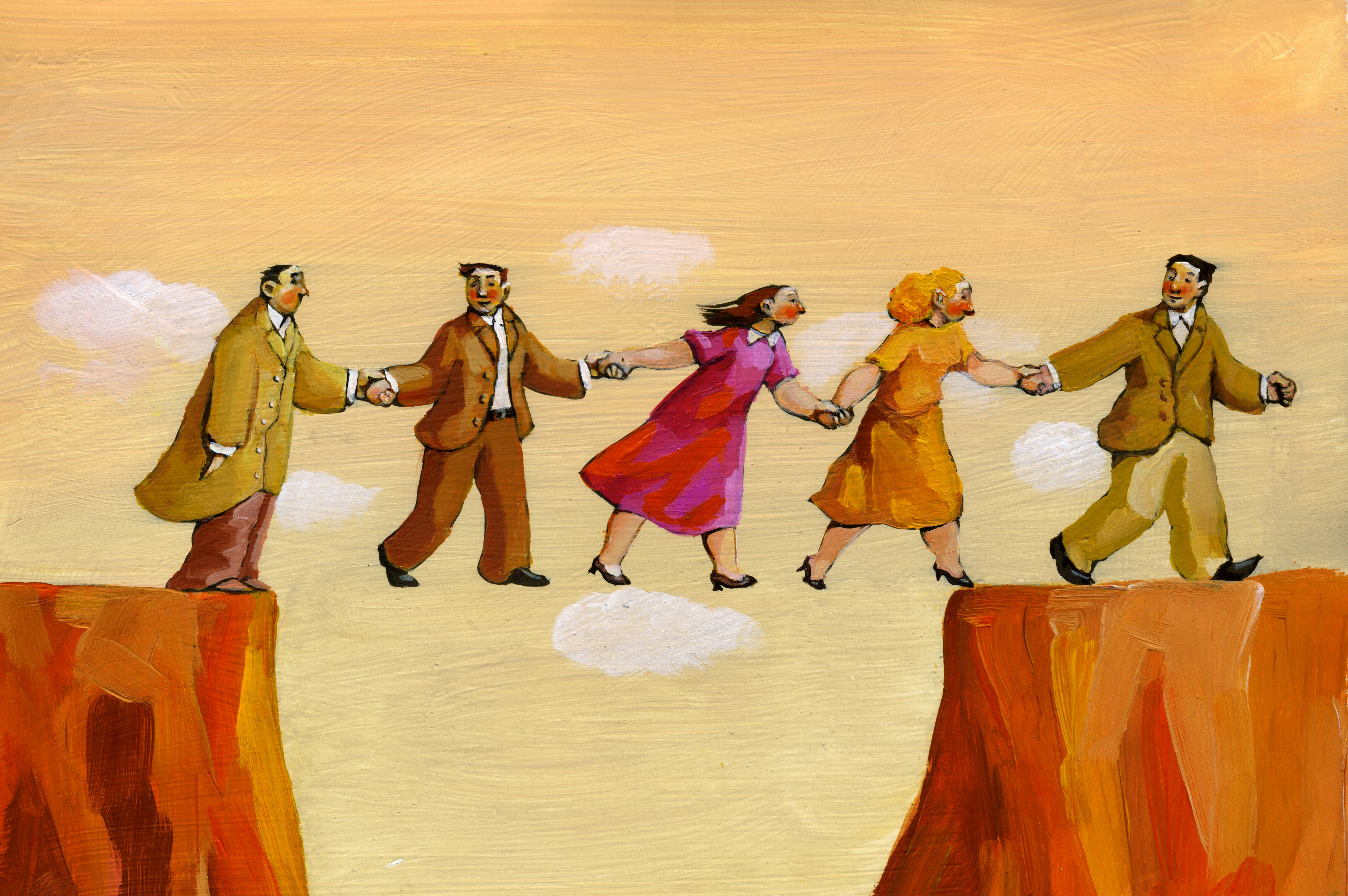 People holding hands across a gap